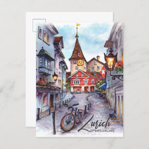 Carte Postale Zurich Suisse Aquarelle Peinture Voyage