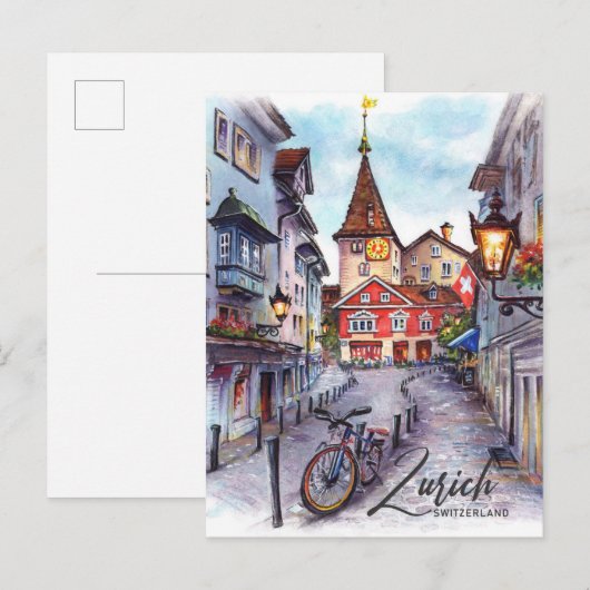 Carte Postale Zurich Suisse Aquarelle Peinture Voyage (Devant / Derrière)