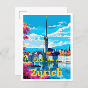 Carte Postale Zurich Suisse Voyage Vintage Illustration