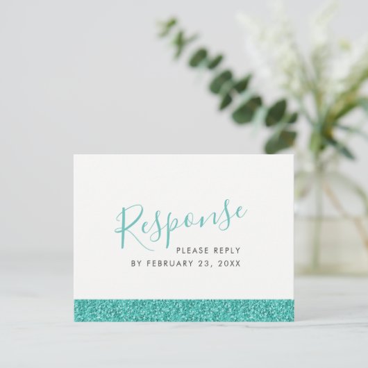 Carte POSTCARD Turquoise Sparkly Blue Réponse RSVP (Debout devant)