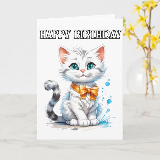 Carte Poster Kitty Chat Joyeux Anniversaire (Fleur jaune)