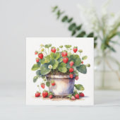 Carte Pot à aquarelle avec plants de fraisiers (Debout devant)