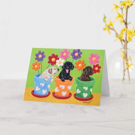 Carte Pot à fleurs Labrador Chiots (Fleur jaune)