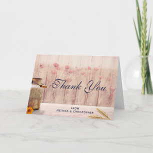 Carte Pot à lait rustique avec blé et fleurs Merci
