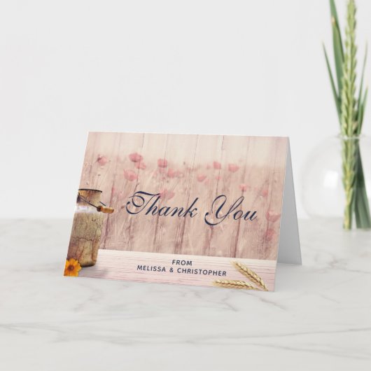 Carte Pot à lait rustique avec blé et fleurs Merci (Devant)