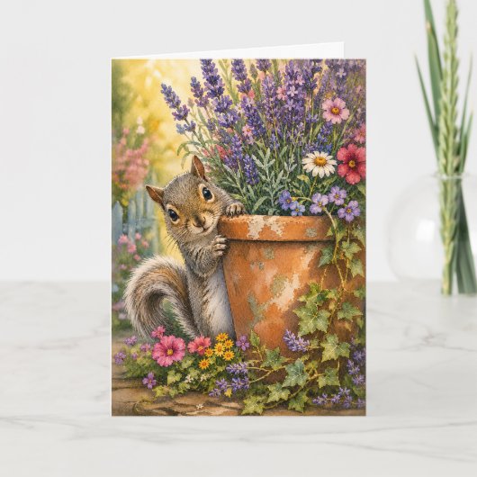 Carte Pot de fleurs à l'aquarelle avec un écureuil Cacho (Devant)