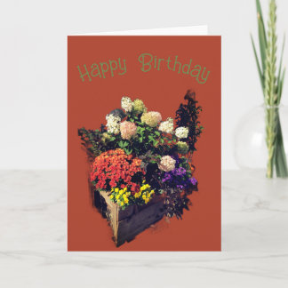 Carte Pot en bois rustique avec fleurs d'été pour annive