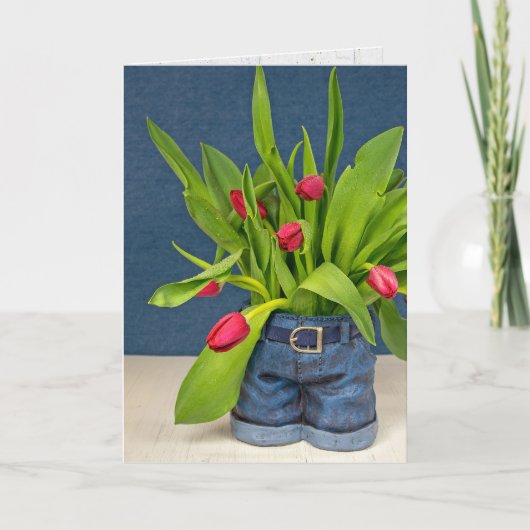 Carte Pot Jeans Bleu Anniversaire Avec Tulipes (Devant)