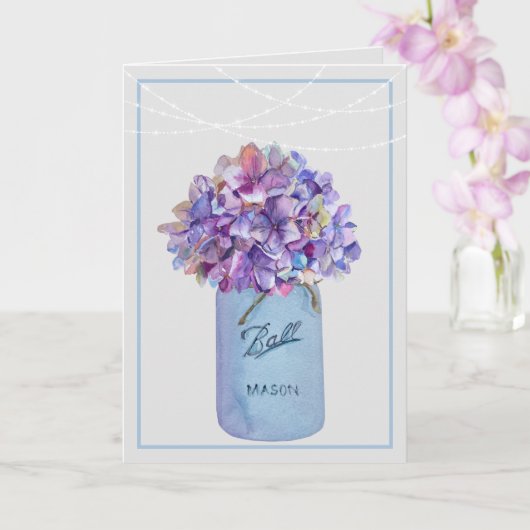 Carte Pot Mason avec hydrangeas violets Guirlande lumin (Orchidée)