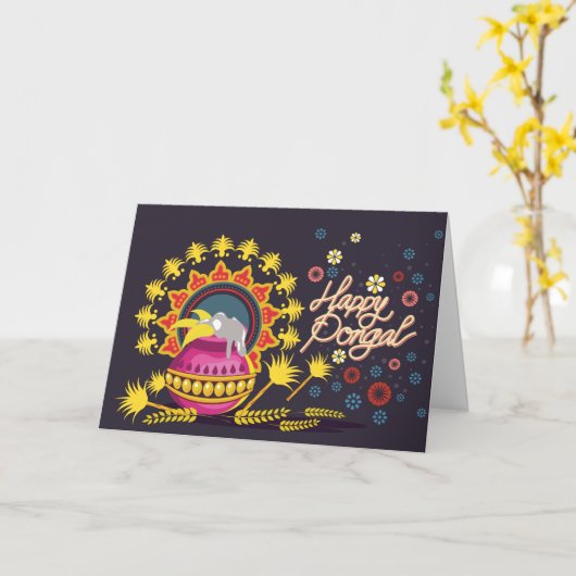 Carte Pot rose rose sur bleu foncé (Fleur jaune)