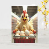 Carte Poulet d'anniversaire avec des oeufs dans un panie (Fleur jaune)