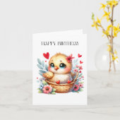 Carte Poulet de naissance mignon. (Fleur jaune)