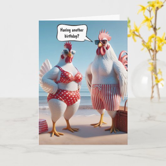 Carte Poulet D'Humour Anniversaire Sur La Plage (Fleur jaune)
