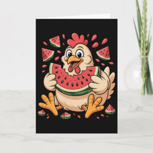 Carte Poulet drôle mangeant pastèque humour de fruit d'é