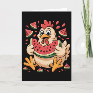 Carte Poulet drôle mangeant pastèque humour de fruit d'é