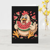 Carte Poulet drôle mangeant pastèque humour de fruit d'é (Fleur jaune)