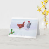 Carte poulets de noël avec casquette et foulard blanc (Fleur jaune)