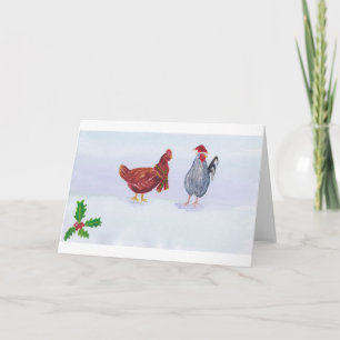 Carte poulets de noël avec casquette et foulard blanc