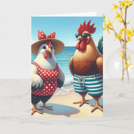 Carte Poulets de plage d'anniversaire en maillots de bai (Fleur jaune)