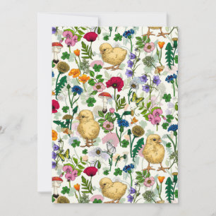 Carte Poulets et fleurs sauvages sur blanc cassé