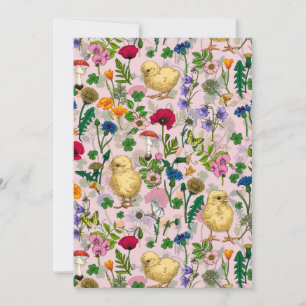Carte Poulets et fleurs sauvages sur coton bonbon rose