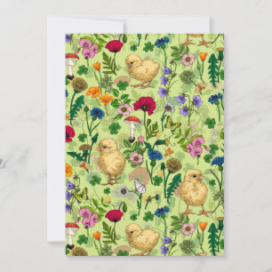 Carte Poulets et fleurs sauvages sur le vert de rosée mi