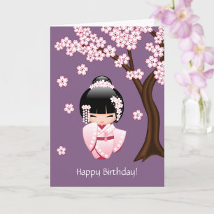 Carte Poupée blanche de Kokeshi de kimono - anniversaire