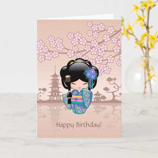 Carte Poupée de Keiko Kokeshi - anniversaire bleu de (Fleur jaune)