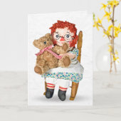 Carte Poupée Rag et ours en peluche en chaise à bascule (Fleur jaune)