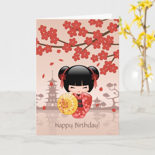 Carte Poupée rouge Sakura Kokeshi, Anniversaire mignon d (Fleur jaune)