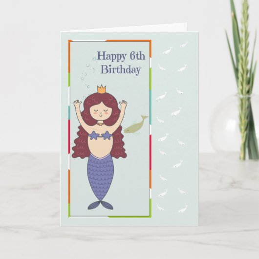 Carte pour 6ème anniversaire avec Sirène & Poisson (Devant)
