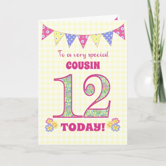 Carte Pour Cousin 12e Anniversaire Primroses Bunting Car (Devant)