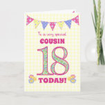 Carte Pour Cousin 18th Birthday Primroses and Bunting<br><div class="desc">Une jolie carte d'anniversaire du 18ème anniversaire pour votre cousin, avec un bouquet de pois, des fleurs de primrose et des nombres remplis d'un motif de primrose, le tout sur un chèque jaune pâle en vichy arrière - plan. Le message de couverture avant est : "À un COUSIN 18 TODAY...</div>