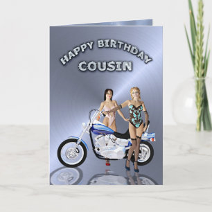 Carte Pour cousin, anniversaire avec les filles et moto