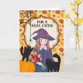 Carte Pour Cousin Halloween jolie sorcière et chats (Fleur jaune)
