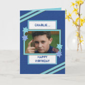 Carte Pour les hommes avec nom et photo bleu anniversair (Fleur jaune)