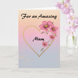 Carte Pour maman Fleur rose Cœur doré Fête des mères