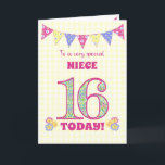 Carte Pour Niece 16th Birthday Primroses Bunting Card<br><div class="desc">Une jolie carte d'anniversaire de 16ème anniversaire pour votre nièce, avec du bouquet de pois, des fleurs de primrose et des nombres remplis d'un motif de primrose, le tout sur un chèque jaune pâle en vichy arrière - plan. Le message de couverture avant est : "À une NIECE très spéciale...</div>