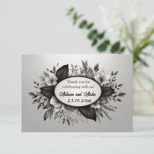 Carte pour notes floral noir et blanc modifiable (Debout devant)
