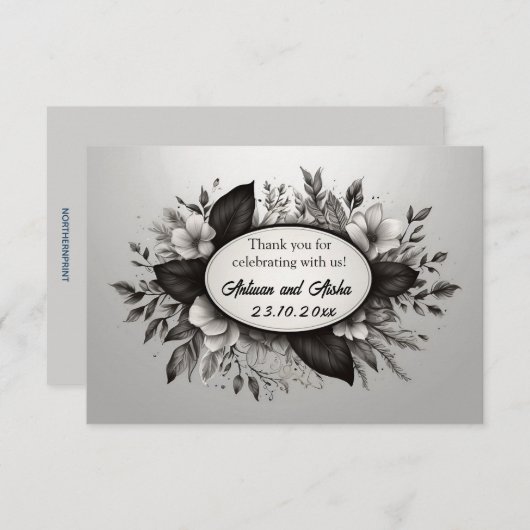 Carte pour notes floral noir et blanc modifiable (Devant / Derrière)