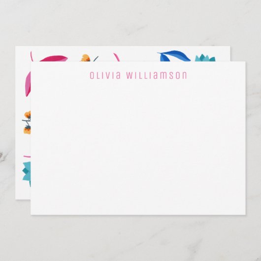 Carte pour notes floral rose et bleu peint moderne (Devant / Derrière)