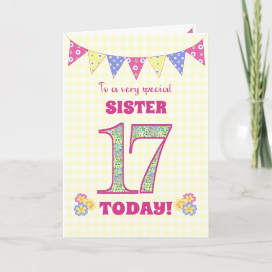 Carte Pour Soeur 17e Anniversaire Primrose et Bunting Ca (Devant)