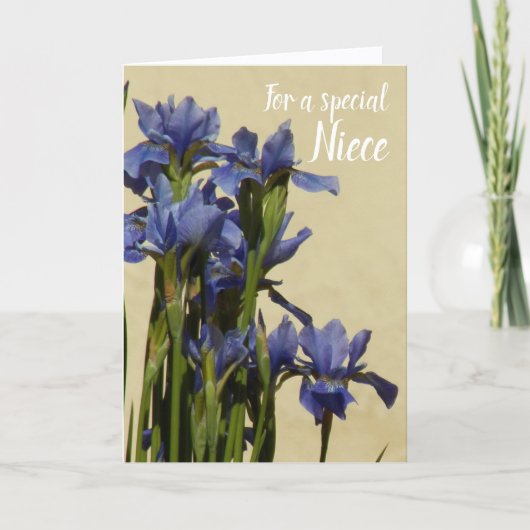 Carte Pour une nièce Fleurs d'Iris bleues Fête d'anniver (Devant)