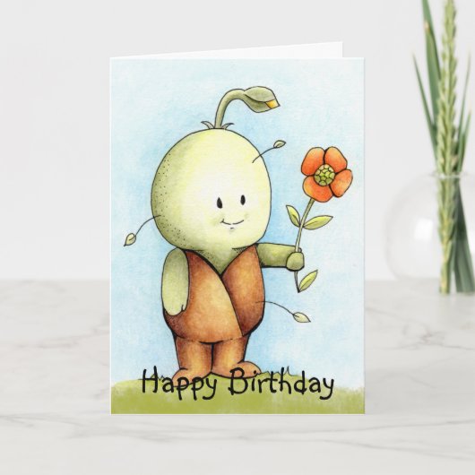 Carte Pousse d'anniversaire tenant une fleur  (Devant)