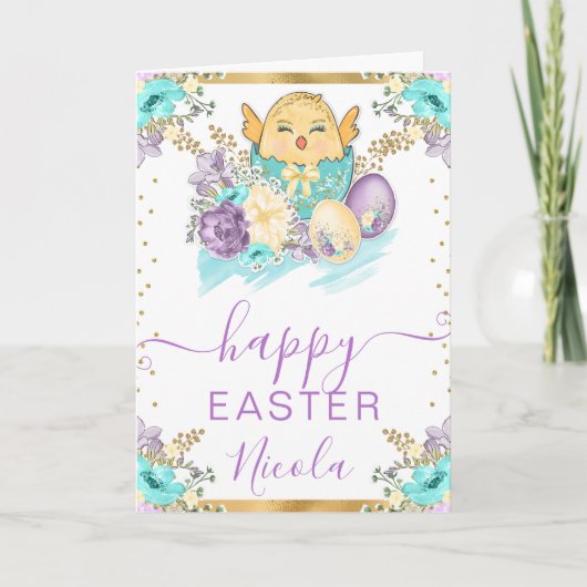 Carte Poussin à l'aquarelle et fleurs Joyeuses Pâques (Devant)