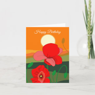 Carte Prairie de Coquelicots Rouges au Coucher du Soleil