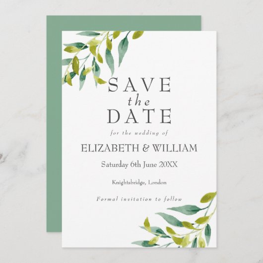 Carte Pré Feuille verdure Enregistrer la date (Devant / Derrière)