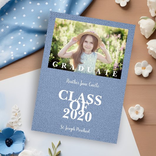 Carte Pre-K Graduation Simple Photo Blue Textile Texture