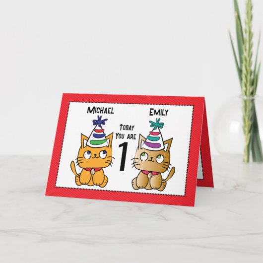 Carte Premier Anniversaire Cute Cat Cartoon Twin Personn (Devant)