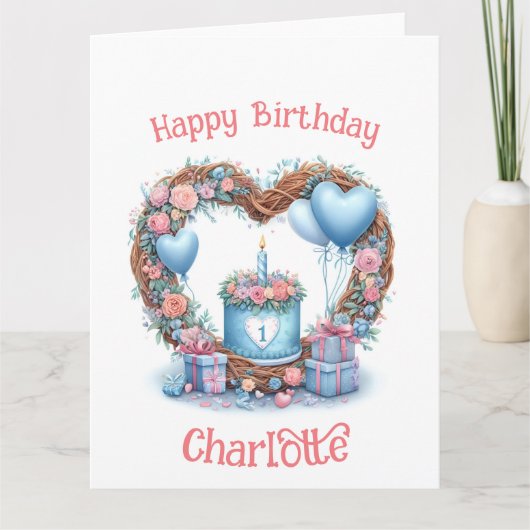 Carte Premier anniversaire de bébé - Couronne de fleurs  (Devant)